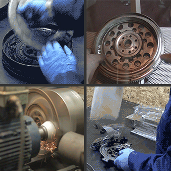 Cztery etapy procesu regeneracji koła dwumasowego. Otwarcie, piaskowanie, szlifowane docisku oraz wymiana części na nowe